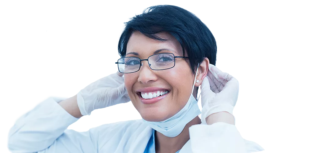 female with dark short hair mask gloves and glsses smiling and about to place mask on over transparent background